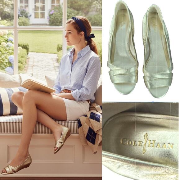 Cole Haan Air Amari Wedge Heel Women's Sz 7.5 B Metallic Gold Open Toe Shoes - Picture 1 of 16